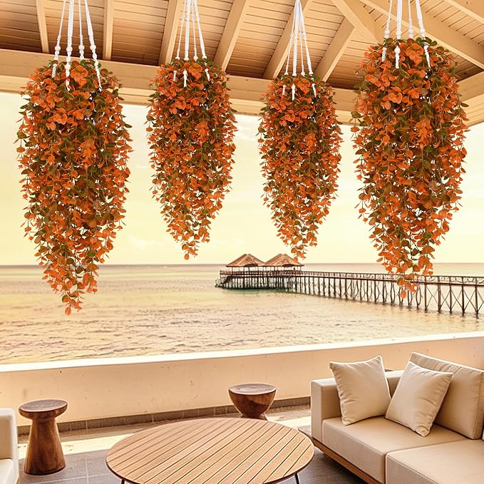 Waipfaru 4Pcs Fake Hanging Plants, Eucalyptus Leaves Fake Vines Fall Decor | UV Resistant Fake Ivy Artificial Plants Outdoor Faux Plants Indoor Bedroom Living Room Boho Wall Porch Shelf Decor