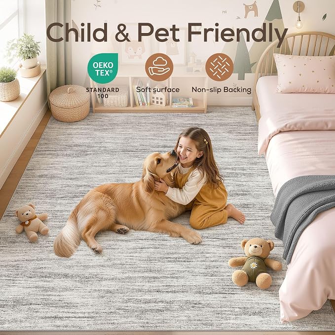 Nakagishi 7X9 Area Rugs Living Room: Washable Large Vintage Rug Neutral Non-Slip Soft Stain Resistant Indoor Carpet for Bedroom Nursery Dining Room Office Playroom - Grey