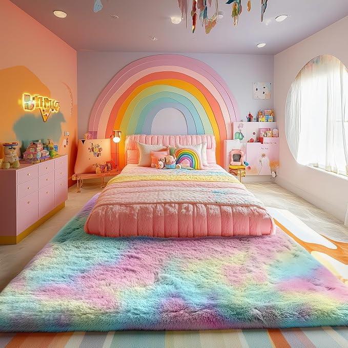 PAGISOFE 8x10 Rainbow Large Area Rug,Plush Rugs for Bedroom Girls,Shaggy Vibrant Carpet for Kids Room,Fuzzy Nursery Rug for Baby's Toddler's Room,Clorful Room Decor for Teenage Pastel Princess Rug