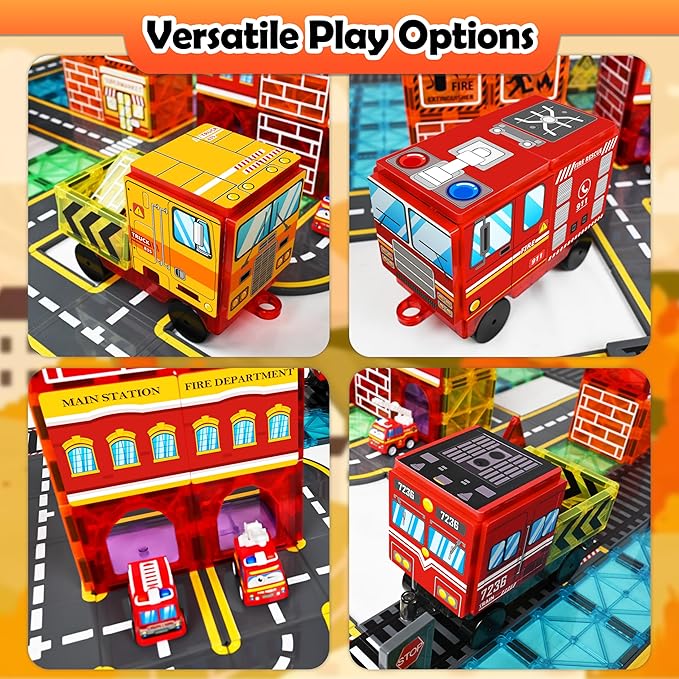 Magnetic Tiles Road Set with Fire Truck Magnetic Crane, Creative Construction Toys for Kids Ages 3-12, Boys & Girls, Fire Rescue Station and Engineering Themed Magnetic Building Blocks