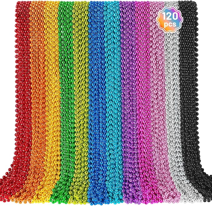 120 PCS Mardi Gras Beads, Party Beads Necklaces for Mardi Gras, Christmas, St. Patrick's Day, Metallic Colorful Necklaces Accessories in 12 Colors