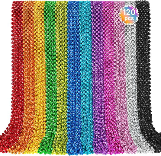 120 PCS Mardi Gras Beads, Party Beads Necklaces for Mardi Gras, Christmas, St. Patrick's Day, Metallic Colorful Necklaces Accessories in 12 Colors