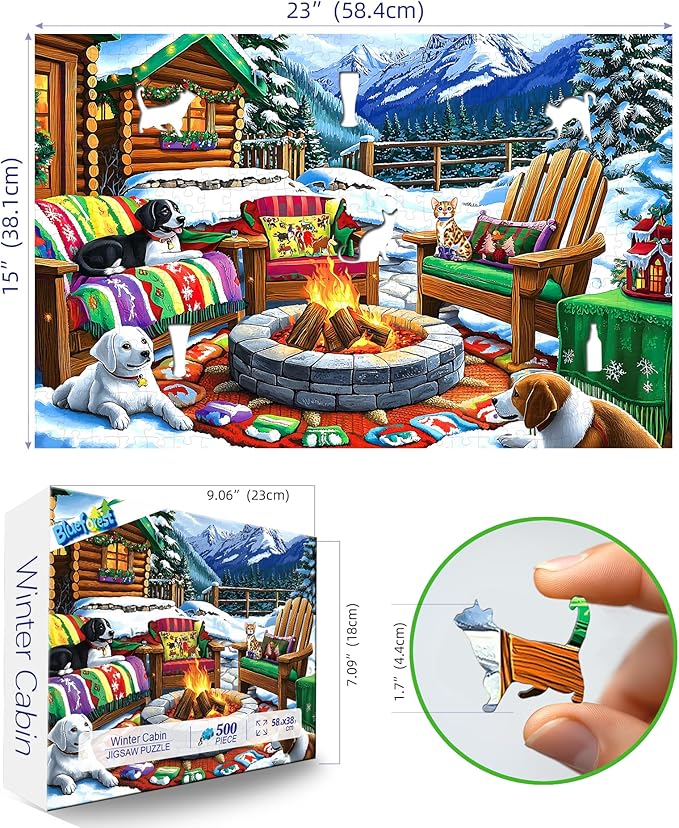 Blueforest 500 Piece Puzzle for Adults, Winter Cabin Fire Pit Jigsaw Puzzle - Dogs, Cat & Cozy Outdoor Seating, 23x15 Inch Art Puzzle, Hard Difficult Challenging Fun Puzzles for Adults