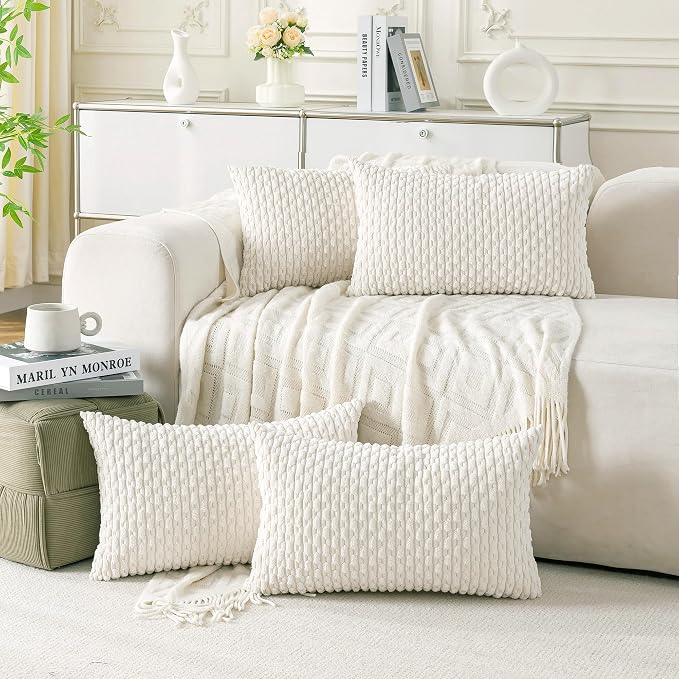 Set of 4 Cream White Decorative Throw Pillow Covers 12x20 Inch Corduroy Pillow Covers for Bed Couch Sofa Living Room Soft Cushion Cases