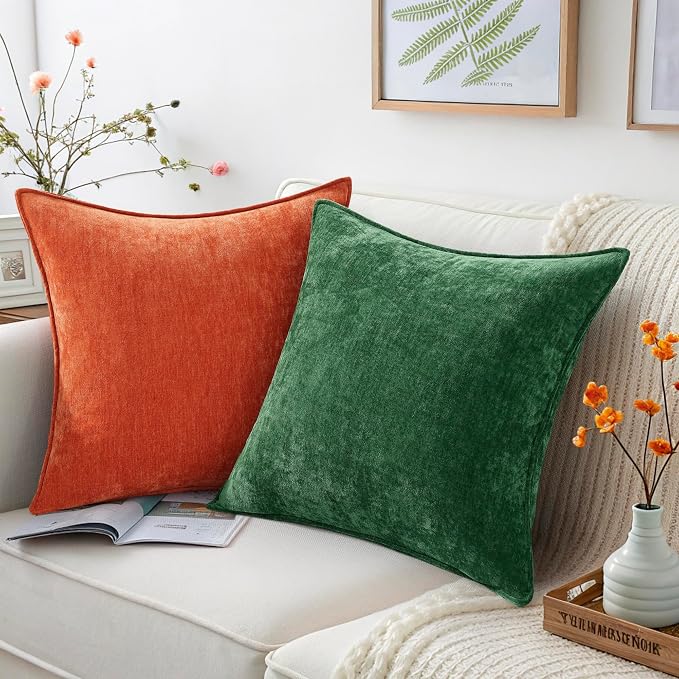 decorUhome Chenille Green Velvet Throw Pillow Covers 18x18 Set of 2 | Fall Soft Couch Decorative Modern Farmhouse Pillow Cases with Elegant Design for Sofa Bed Living Room Home Decor