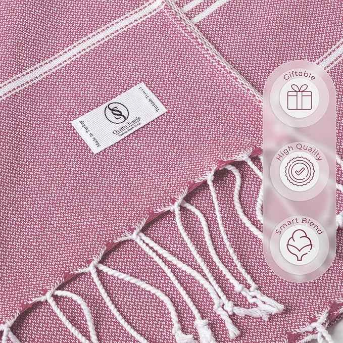Ossano Turkish Beach Towel Soft & Drying Oversized (39" x 71") - Quick Dry, Versatile and Functional as Picnic, Travel and Beach Blanket, Yoga, Gym, Pool and Cruise Towels - Pink