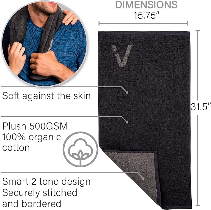 Black Organic Cotton Gym Towel for Men and Women - Silver Infused Sweat Towel, 500 GSM, 31.5"x15.75" - Soft Absorbent Workout Towel for Gym Yoga Sports, Exercise Towel