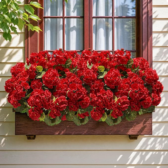 Artificial Geraniums Fake Flowers for Outdoors Decoration, 6 Bundles Silk Geraniums Red Flower UV Resistant Look Real Faux Plants for Front Door Garden Porch Planter Patio Balcony Yard Indoor Home