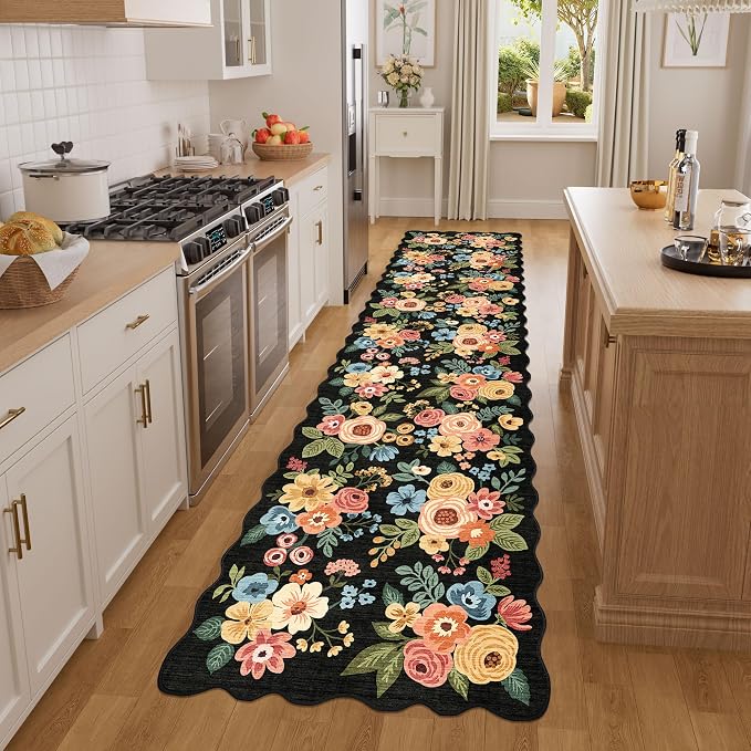DUKINO 2x8 Washable Runner Rug, Floral Non Slip Kitchen Runner Rug, Black | Low Pile, Soft Throw Rug Runner for Hallway, Entryway, Bedroom, Bathroom, Pet Friendly, Stain Resistant, Home Decor