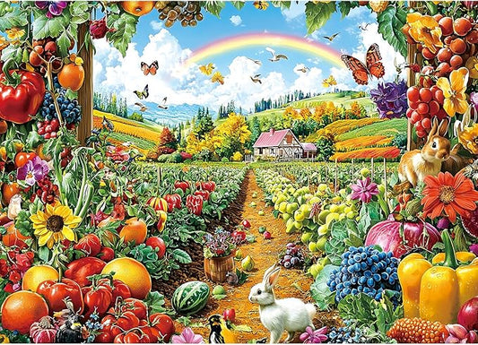 Garden Paradise 1000 Piece Jigsaw Puzzle for Adults, Colorful Countryside Landscape with Rainbow, House, Sunflowers, Rabbits & Butterflies Challenging Puzzle for Adults Fun Family Game Night Gift