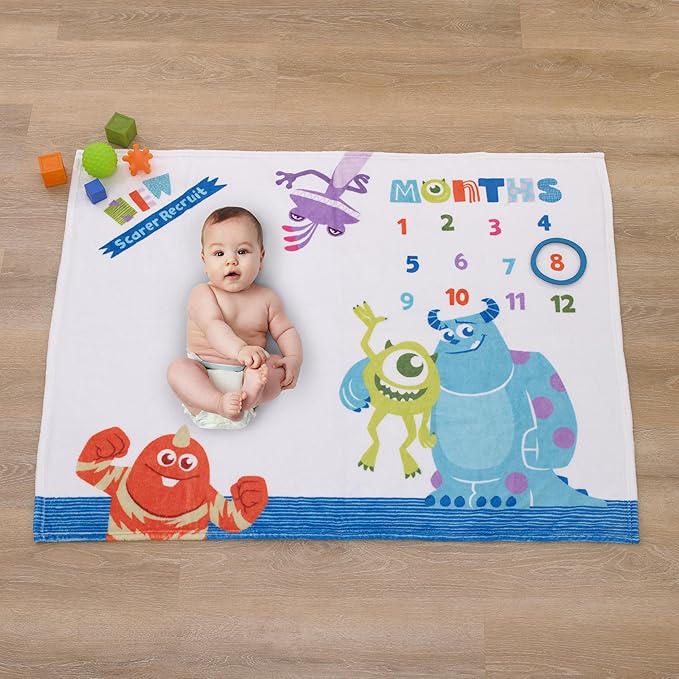Disney Monsters, Inc. White, Blue, and Green, New Scarer Recruit Super Soft Photo Op Milestone Baby Blanket