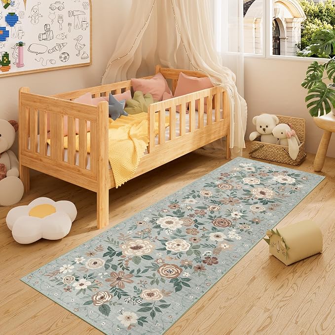 DUKINO 2x6 Runner Rug for Hallway Washable Kitchen Rugs Non Slip Sage Green | Low Pile, Soft, Floral Indoor Rug for Entryway, Bedroom, Laundry, Bathroom, Pet Friendly, Lightweight, Modern Home Decor