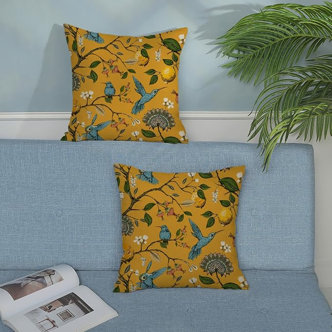 Chinoiserie Pillow Covers 18x18 Set of 2 Mustard Yellow Bird Floral Throw Pillows Vintage Yellow Lemon Flowers Decorations Pillowcase Outdoor Chinoiserie Decor Linen Cushion Case for Couch Home