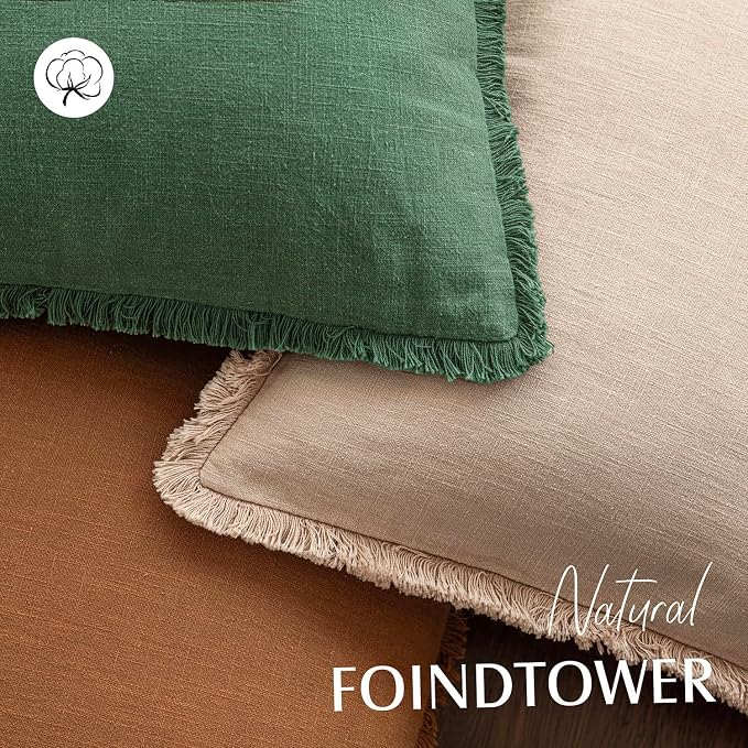 Foindtower Set of 2 Decorative Linen Fringe Throw Pillow Covers Cozy Boho Farmhouse Cushion Cover with Tassels Soft Accent Pillowcase for Couch Sofa Bed Living Room Home Decor, 26×26 Inch, Pine Green