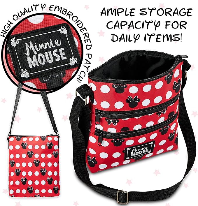 Disney Stitch Girls Purse Cross Body Bag for Kids Teens Women Shoulder Bag with Adjustable Strap Fashion Handbag Stitch Gifts (Red, Minnie Mouse)