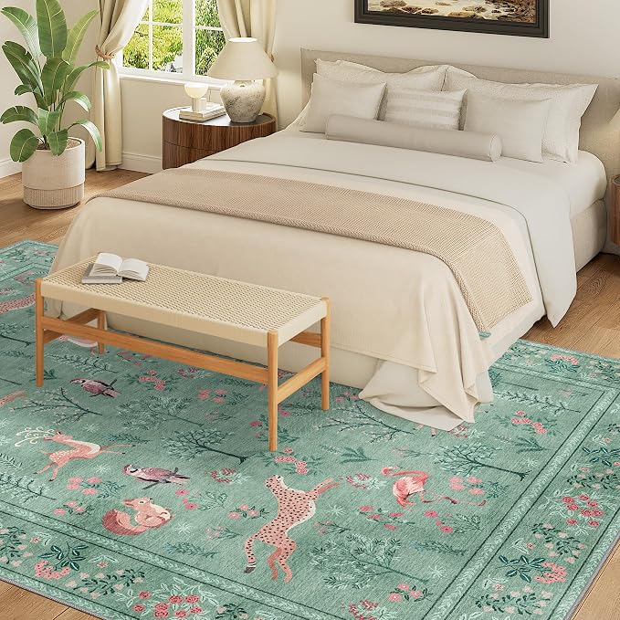 DUKINO 5x7 Area Rugs, Washable Animal Rug for Living Room Non Slip, Teal | Low Pile, Soft Indoor Carpet for Bedroom, Kids Room, Dining Room, Pet Friendly, Farmhouse, Stain Resistant, Non-Shedding
