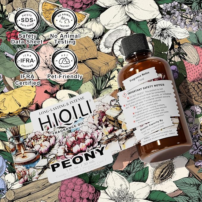 HIQILI Peony Fragrance Oil for Home Diffuser, Idea for Making Candle, Women's Perfume, Car Air Freshener, Skin & Body Care - 1 Fl Oz