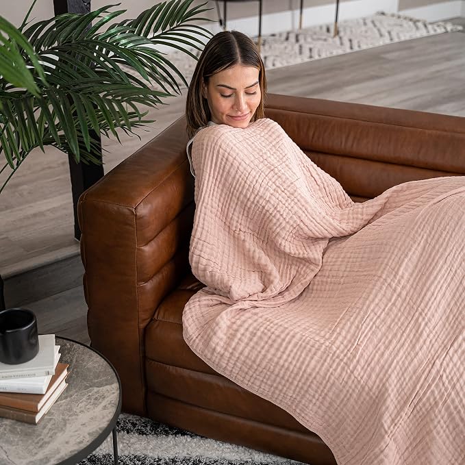 Comfy Cubs Adult Muslin Blanket 50x60” Throw Swaddle Blankets, Blush | 6 Layer Soft, Breathable & Lightweight Muslin Adult Blanket - Machine Washable & Designed in the US Bedding for All Seasons
