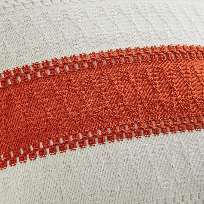 2pk Boho Pillow Covers 12x20, Natural White/Contrast/Orange | 100% Organic Cotton Body, Stripe Embroidery, Farmhouse Decorative Cushion Covers for Sofa Bed Living Room Home Decor