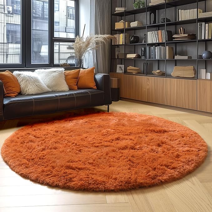 Amdrebio Burnt Orange Round Area Rug 5Ft for Bedroom Living Room, Fluffy Fuzzy Shaggy Furry Circle Rugs for Kids Room Decor Aesthetic, Cute Plush Shag Dark Orange Carpet for Nursery Dorm Classroom
