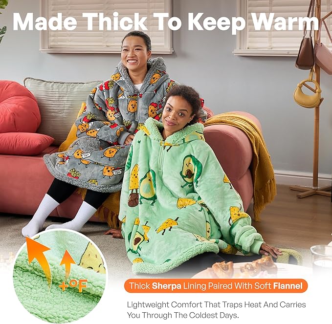 Giggling Getup Wearable Blanket Hoodie for Adults Gifts for Teen Girls Sister Women Sherpa Fleece Printed Hooded Blanket Sweatshirt Warm Cozy with Pocket & Sleeves Green Avocado