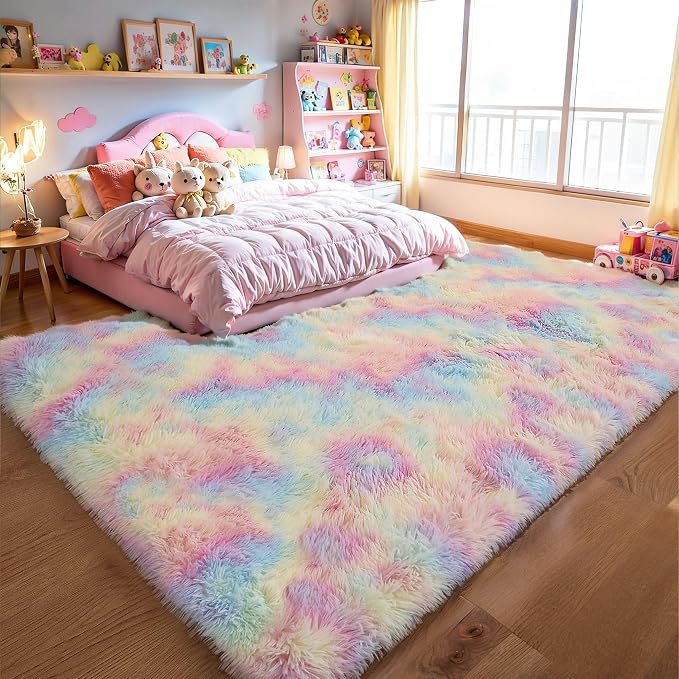 Fluffy Rainbow Large Area Rug 8x10, Soft Washable Shag Carpet | Cute plush fuzzy rug for girls bedroom, living room, nursery, kids and toddler rooms