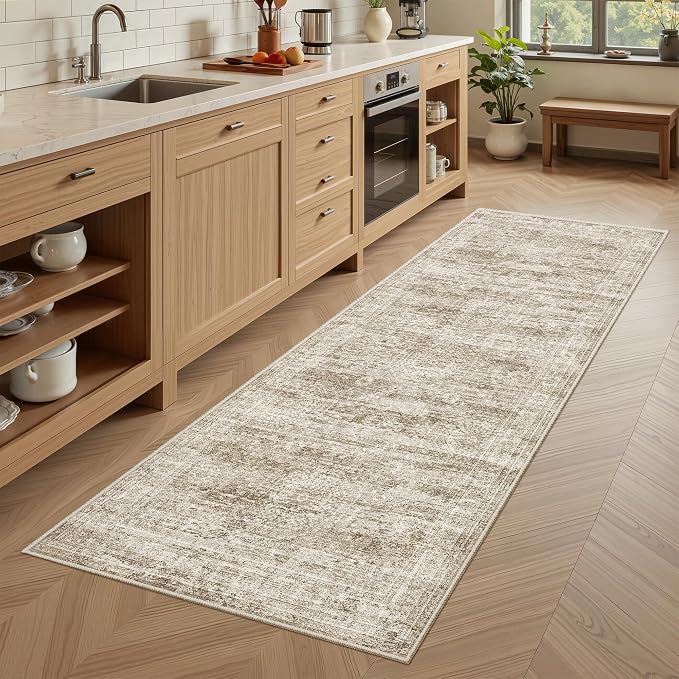 Soalmost Runner Rug 2x5 Washable Non-Slip Kitchen Entry Runners Brown | Soft Low-Pile Rugs for Bathroom Laundry Room, Vintage Foldable Floor Carpet Mat Hallway Entryway for Corridor Bedroom