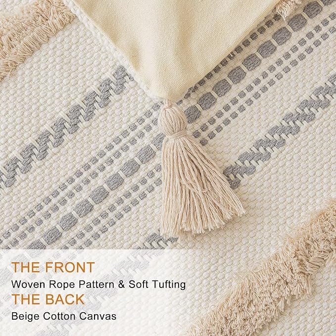 BUIOVBEY Boho Throw Pillow Covers Woven Tufted Pillow Cases with Tassels | Farmhouse Pillow Covers 20x20 Set of 2 Textured Striped Cushion Case Neutral Decorative Pillowcase for Sofa Couch Bed Khaki