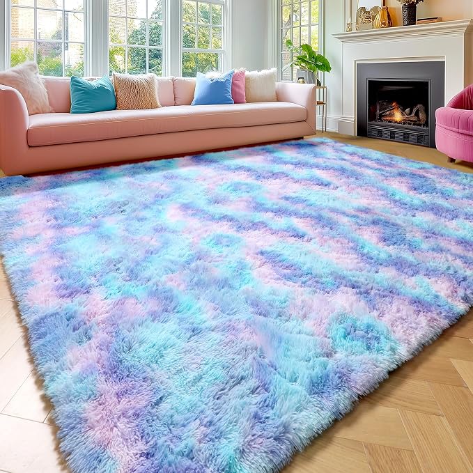 Amdrebio Purple Rainbow Mermaid Rugs 8x10 for Girls Bedroom Decor Aesthetic, Soft Plush Fluffy Kawaii Area Rugs for Kids Room Nursery Playroom Classroom, Large Cute Fuzzy Furry Baby Toddler Carpet