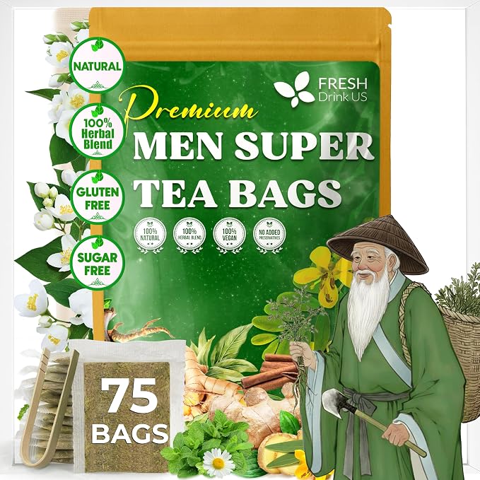 FreshDrinkUS, Premium 75 Tea Bags Men Super Tea – Herbal Blend with Senna, Dandelion Root, Ginger, Peppermint & More – 100% Natural, Sugar-Free. Caffeine-Free. Gluten-Free. Vegan