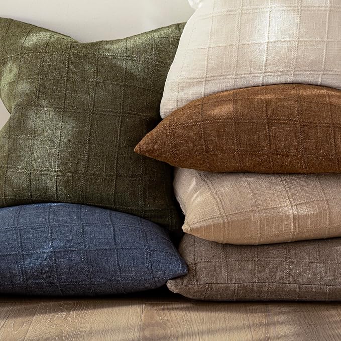Foindtower Set of 2 Decorative Linen Check Throw Pillow Covers Neutral Farmhouse Vintage Cushion Covers Modern Boho Home Decor for Sofa Chair Couch Bedroom Living Room,18×18 Inch,Light Brown