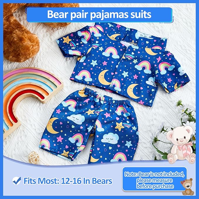 2 Pcs PJ's Bear Clothes Outfit, Fit Most 12-16 Inch Bears Stuffed Clothes Pajamas Plushy for Stuffed , Pre Kindergarten Toys(Blue,Pajamas)