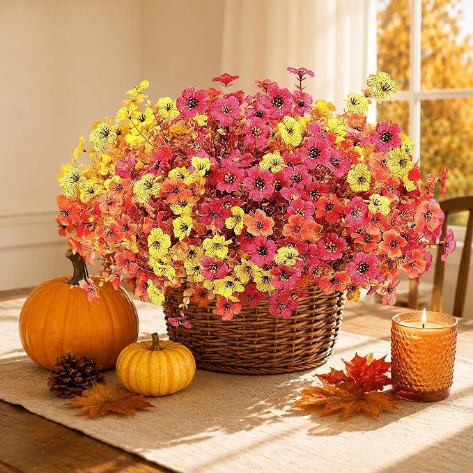 Artificial Faux Mums Flowers Plants for Outdoors Autumn Decoration,12 Bundles Fake Mums Plastic Silk Daisy Fall Flowers Plants UV Resistant Look Real for Outside Planters Patio Porch Yard 3 Multicolor