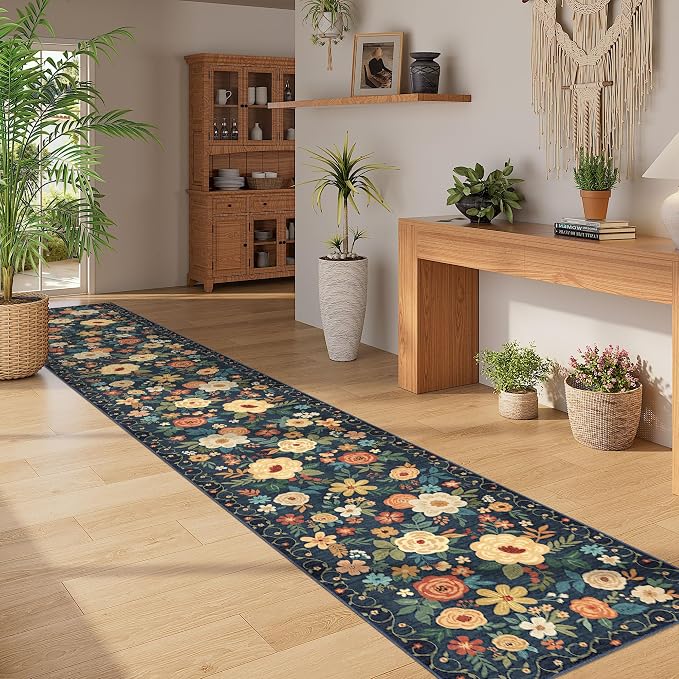 DUKINO 2x12 Washable Runner Rug, Non Slip Long Kitchen Rugs, Navy Blue | Floral, Low Pile, Soft Indoor Rug Runner for Hallway, Entryway, Bedroom, Bathroom, Laundry, Pet Friendly, Modern Home Decor