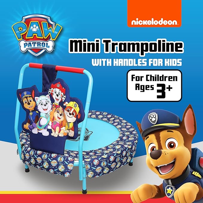 PAW Patrol Indoor Mini Trampoline with Handle for Toddlers, Features Everest, Chase, Marshall, Skye and Rubble, Multi