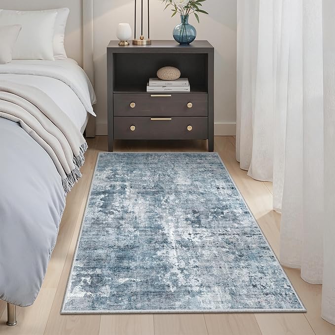 Soalmost Abstract 3x4 Rugs, Small Washable Area Rug for Entryway Blue/Grey | Vintage Low Pile Carpet for Nursery Coffee Table Bathroom, Foldable Stain Resistant Indoor Door Mat Entrance Powder Room