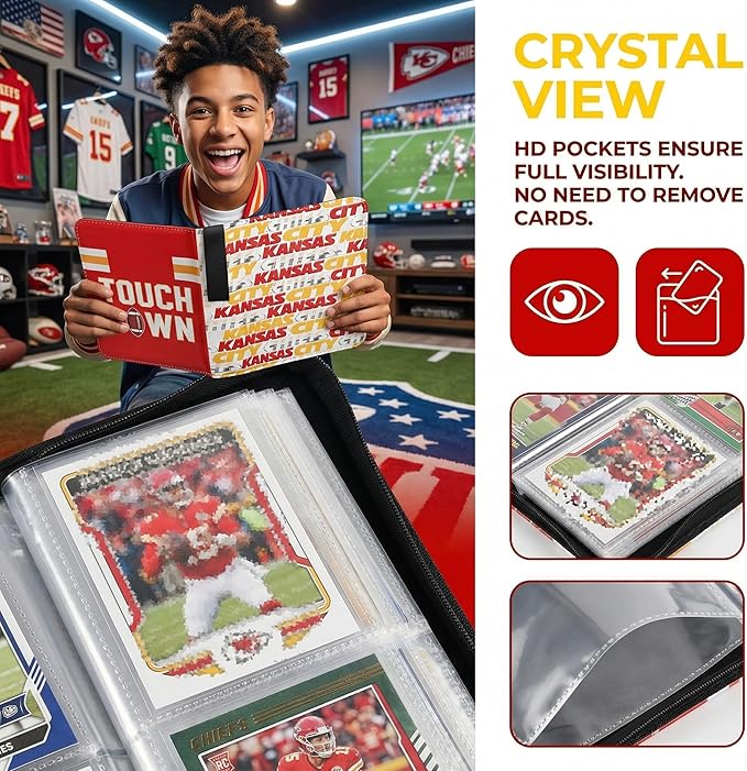 HBK Football Card Binder 400 Pockets Trading Card Holder 3-Ring Sports Album 50 Pages PU Leather Waterproof Case for Standard Cards Red Yellow