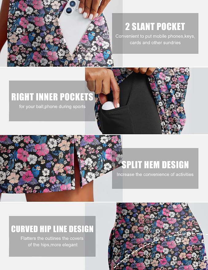 PINSPARK 20" Skorts for Woman Knee Length UPF 50+ Golf Skirts | 4 Pockets, Built-in Shorts, High Waisted, Split Hem, Silky-smooth, Moisture-wicking, for Golf Athletic Tennis Workout Casual