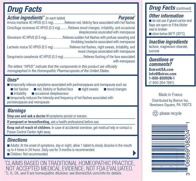 Boiron Cyclease Menopause Tablets for Relief of Hot Flashes, Night Sweats, Irritability, and Mood Swings - 60 Count
