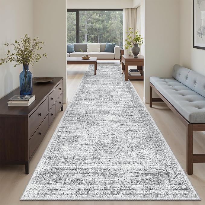 Soalmost Washable Hallway Runner Rug 3x10 Kitchen Entry Rugs Non-Slip, Grey | Vintage Long Runners 10ft for Bathroom Laundry Room, Foldable Low-Pile Wide Floor Carpet Mat for Entryway Corridor Bedroom