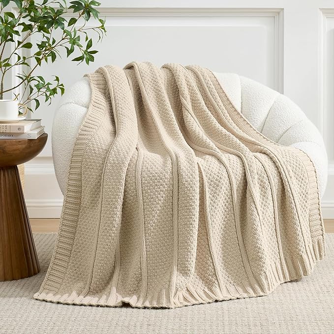 Amélie Home Premium Chenille Throw Blanket, Soft Cozy Moss Stitch Knit Blanket for Couch, Sofa, Chair, Home Decor, Beige 50"x60"