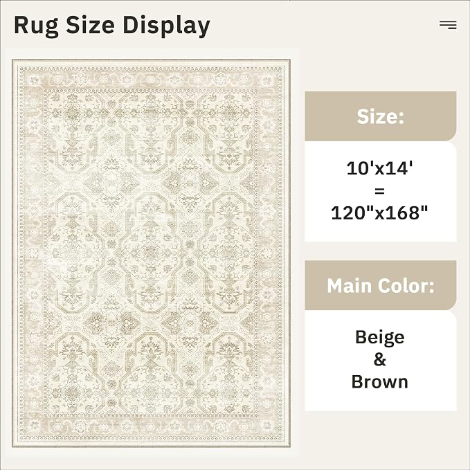 Soalmost 10x14 Area Rugs for Living Room Washable Rug Non-Slip Beige/Brown | Large Vintage Stain Resistant Carpet for Dining Bedroom, Low Pile Lightweight Foldable Floor Mat Nursery Home Office Decor