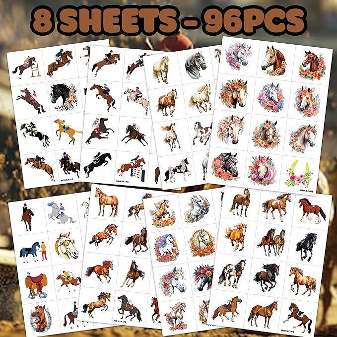 96 PCS Floral Cowgirl Horse Derby Pre-Cut Temporary Tattoos Birthday Party Favors Decorations Supplies Stickers Racing Pink Wild Horse Rodeo Cowboy Girls Boys Men Gift School Prizes Rewards (Normal)