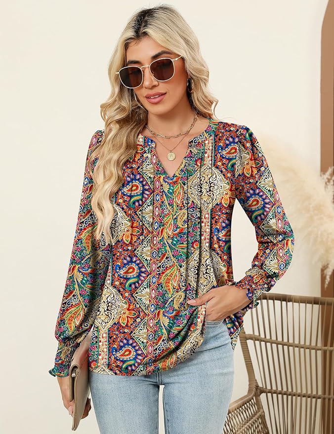 LOMON Womens Tops Dressy Casual Pleated Ruffle Long Sleeve Tunics Tops to Wear with Leggings V Neck Work Blouse