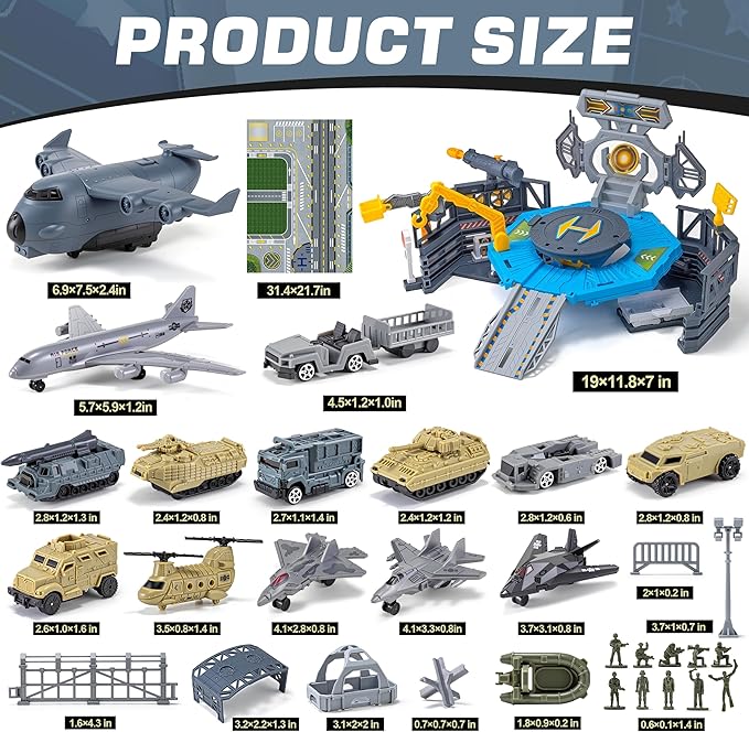 Military Base Toy, Army Toys Set with 14 Vehicles Airplane Tank Trucks Helicopter Fighter Jet, Play Mat with Army Men Action Figures and Accessories, Birthday Gift for Kids