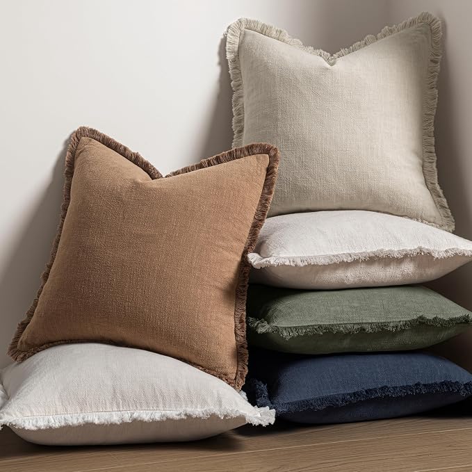 MIULEE Linen Fringe Decorative Fall Euro Throw Pillow Covers Brown 24x24 | Set of 2, Cottagecore Decor, Boho Farmhouse Neutral Pillow Covers, Rustic Fall Couch Cushion Cases for Sofa Bed Living Room