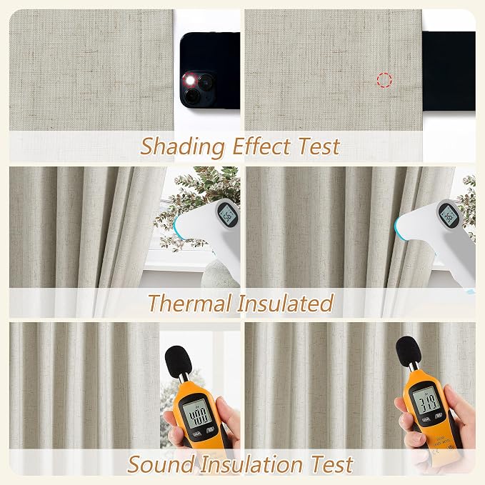 Guken 100% Blackout Linen Curtains for Bedroom 90 inches Long, Thermal Insulated Room Darkening Black Out Drapes for Living Room, Back Tab Rod Pocket 2 Panels Set,Eggshell Beige,52x90