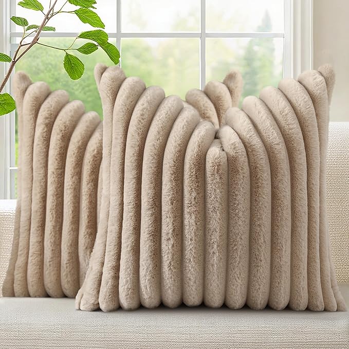 decorUhome Fall Faux Fur Throw Pillow Covers 26x26 Set of 2 Khaki Brown | Decorative Soft Cozy Striped Plush Modern Farmhouse Boho Couch Pillow Cases Velvet Back for Sofa Bed Living Room Home Decor
