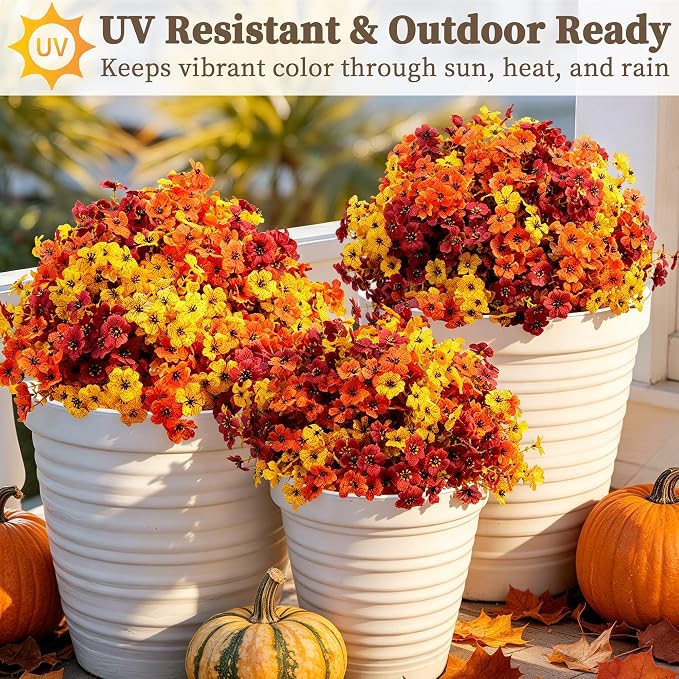 ColoPlay 18 PCS Artificial Mums for Outdoors Faux Mums of Eucalyptus Leaves | Artificial Mums for Outdoors/Indoors Faux Mums, Fall Flowers for Decoration Planters Boxwood Garden Porch Window Home