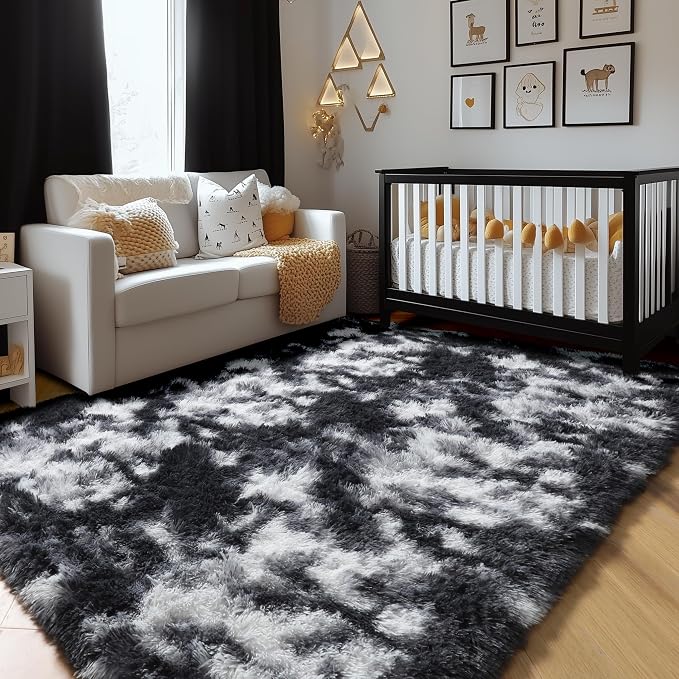 Amdrebio Black White Grey Fluffy Area Rug 5x8 for Living Room Boys Bedroom | Fuzzy Furry Plush Shag Cool Carpet, Classroom Dorm Men Cave Office Playroom Decor, Gothic Aesthetic, Teen Baby Kids Corner